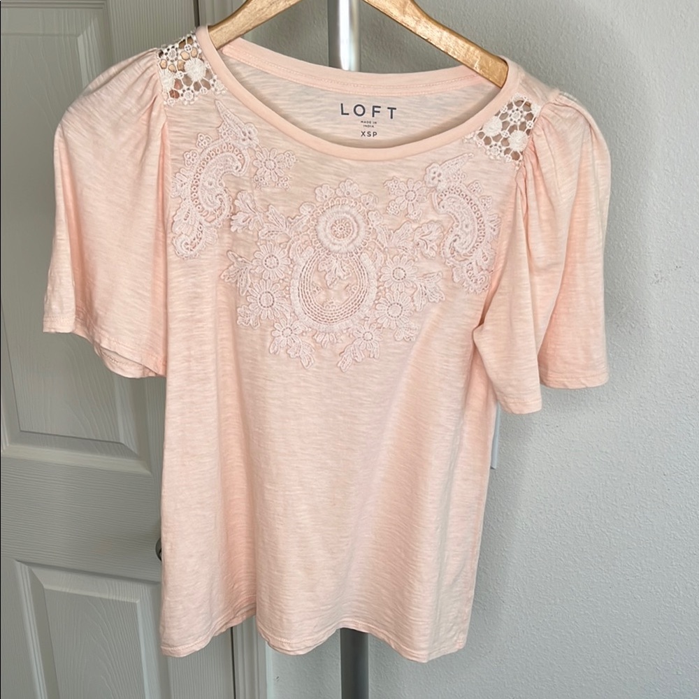 Loft XSP pink slip on T-shirt blouse with lace